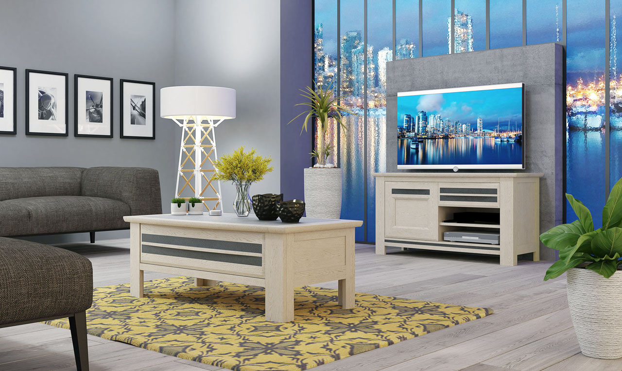 Image 3d d'un salon avec une table basse et un meuble télé