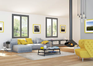 Image 3d d'une salon avec cheminée et deux fenêtres