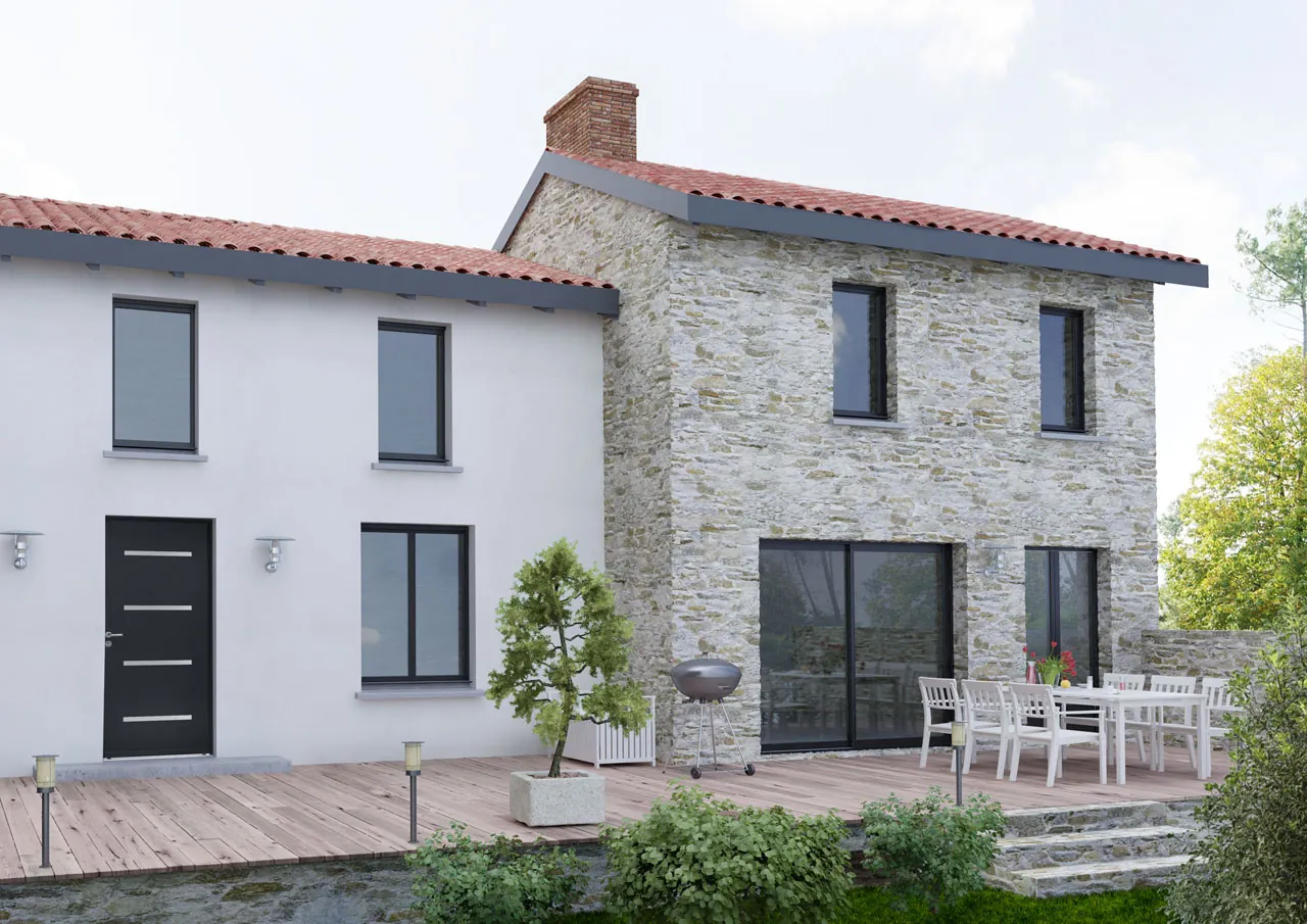 Image 3d d'une façade de maison avec les différentes menuiseries